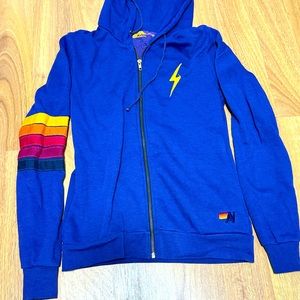 AVIATOR NATION size small purple zip up striped sweatshirt